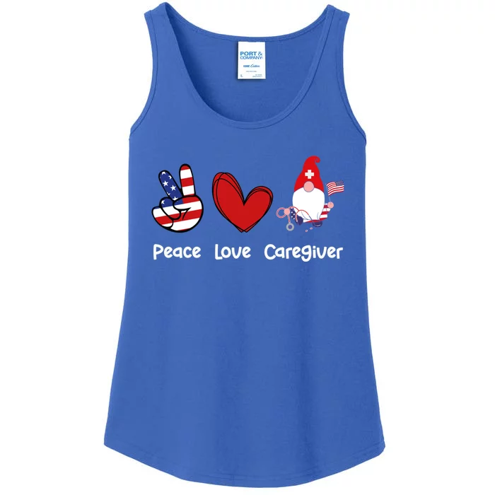 Peace Love Caregiver Life Patriotic Nurse 4th Of July Gnome Funny Gift Ladies Essential Tank