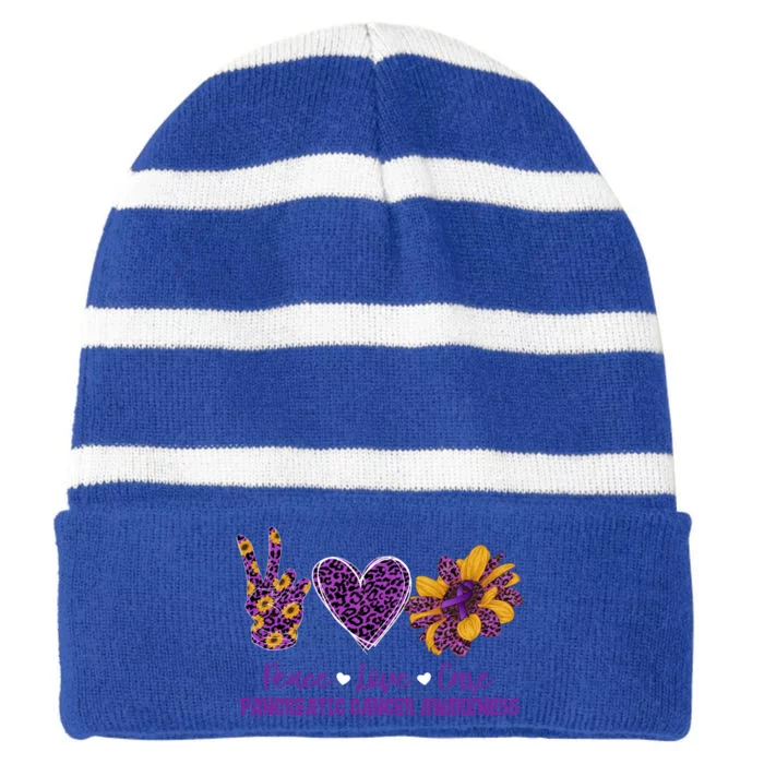 Peace Love Cure Sunflower Pancreatic Cancer Awareness Funny Gift Striped Beanie with Solid Band