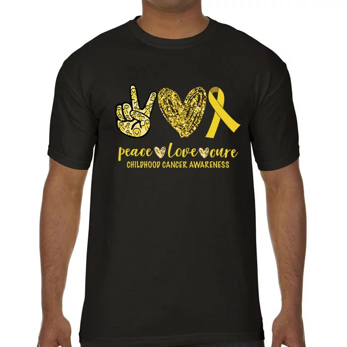 Peace Love Cure Ribbon Childhood Cancer Awareness Comfort Colors T-Shirt