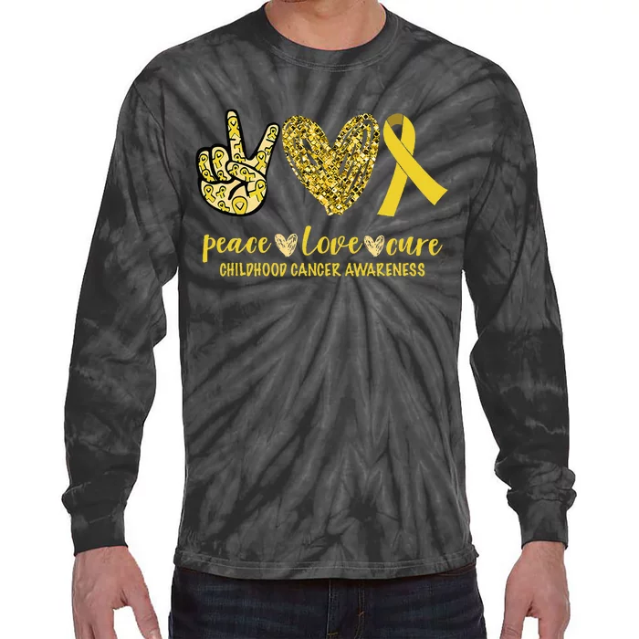 Peace Love Cure Ribbon Childhood Cancer Awareness Tie-Dye Long Sleeve Shirt