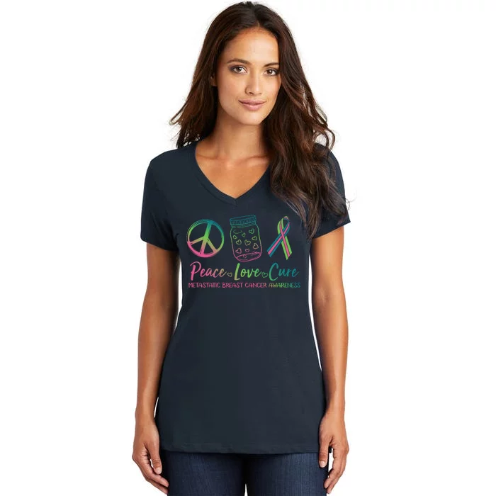 Peace Love Cure Metastatic Breast Cancer Awareness Women's V-Neck T-Shirt