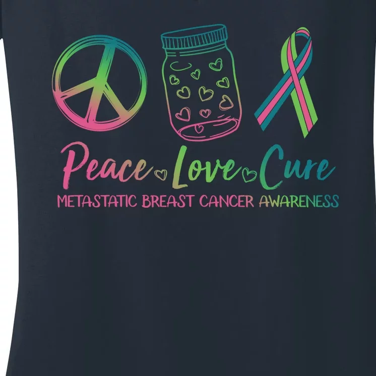 Peace Love Cure Metastatic Breast Cancer Awareness Women's V-Neck T-Shirt