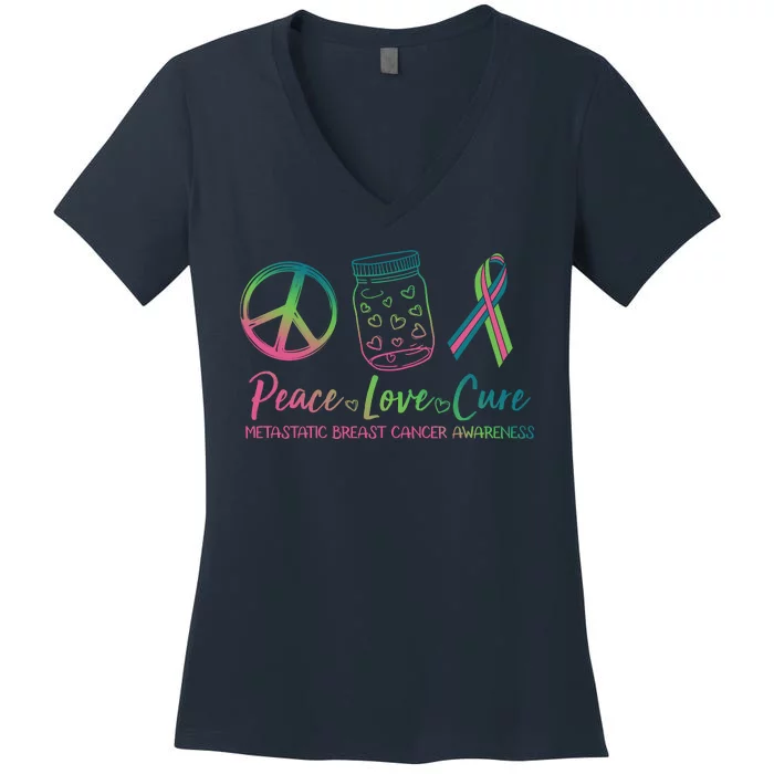 Peace Love Cure Metastatic Breast Cancer Awareness Women's V-Neck T-Shirt