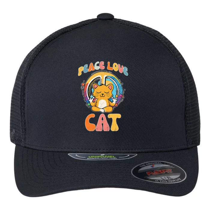 Peace Love Cat Feline Hippie Yoga Funny Meditation Humor Flexfit Unipanel Trucker Cap