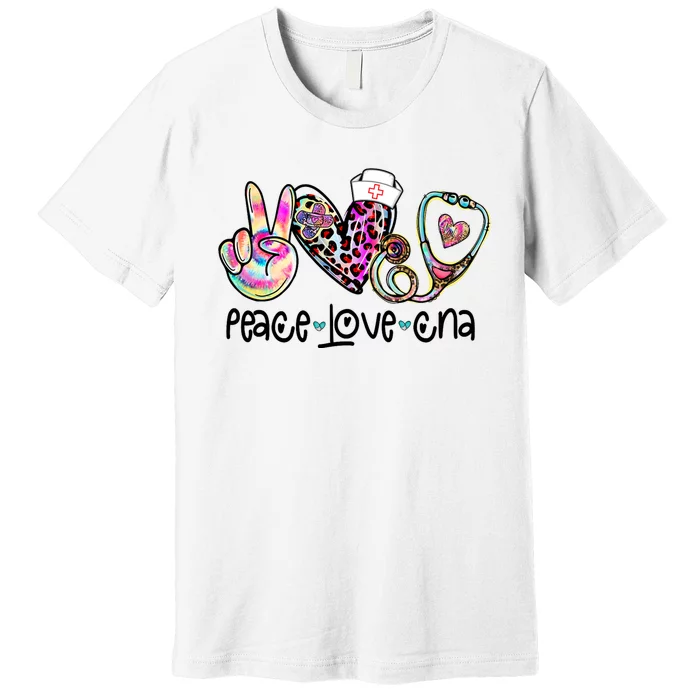 Peace Love Cna Leopard Heart Stethoscope Nursing Nurse Life Premium T-Shirt