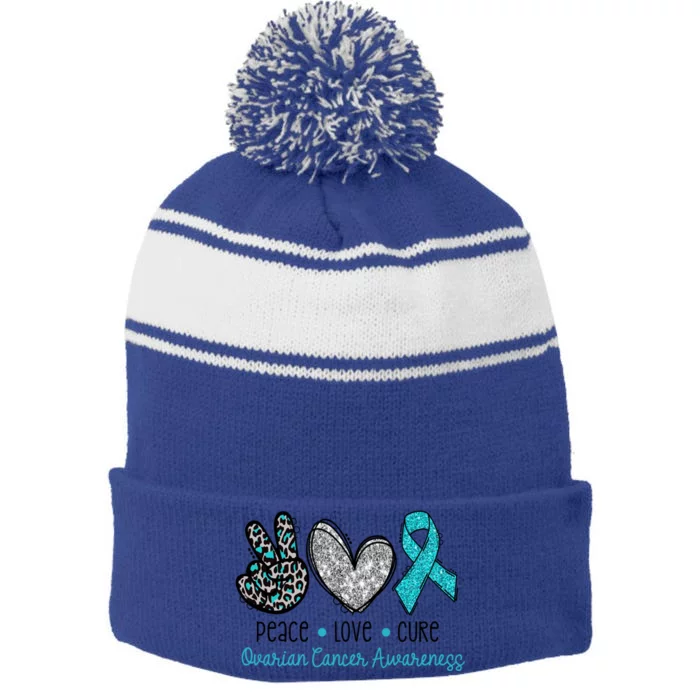 Peace Love Cure Teal Ribon Ovarian Cancer Awareness Warrior Gift Stripe Pom Pom Beanie