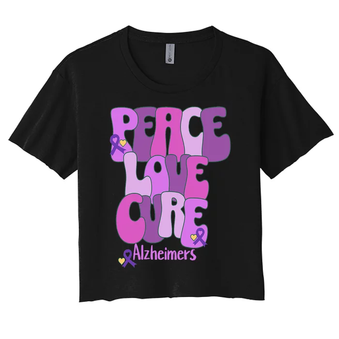 Peace Love Cure Alzheimer's Awareness Purple Ribbon End Alz Women's Crop Top Tee