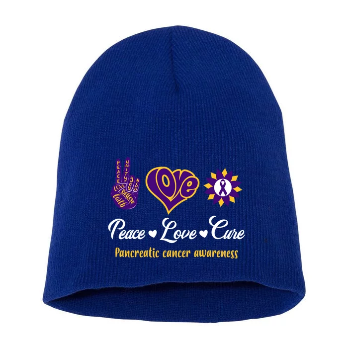 Peace Love Cure Pancreatic Cancer Awareness Gift Short Acrylic Beanie