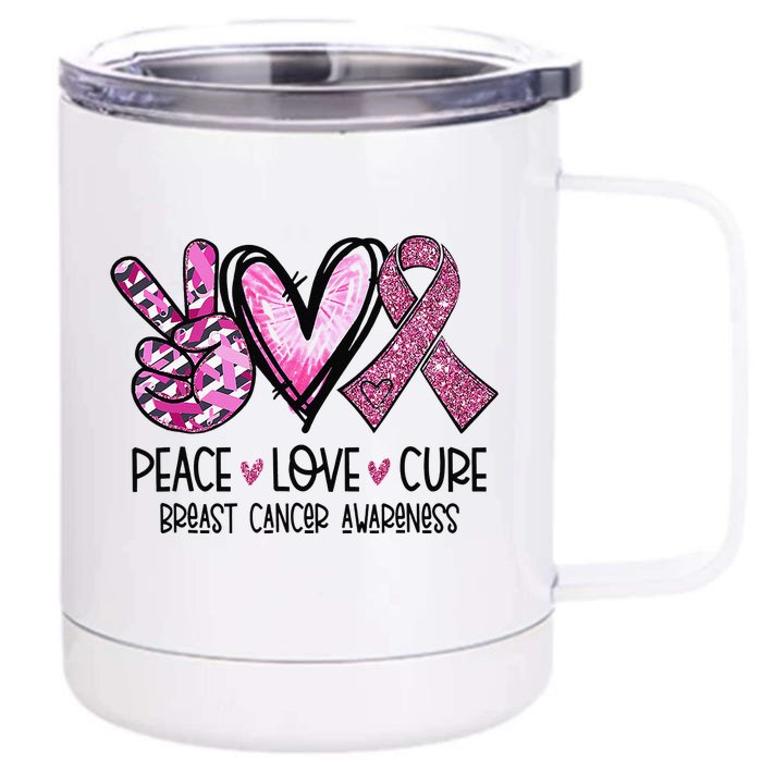 Peace Love Cure Pink Ribbon Cancer Breast Awareness Front & Back 12oz Stainless Steel Tumbler Cup