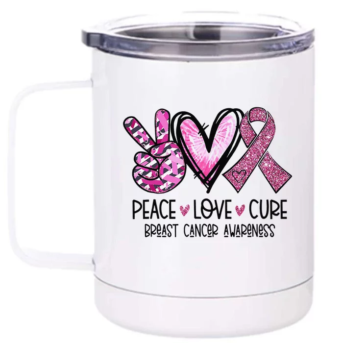 Peace Love Cure Pink Ribbon Cancer Breast Awareness Front & Back 12oz Stainless Steel Tumbler Cup