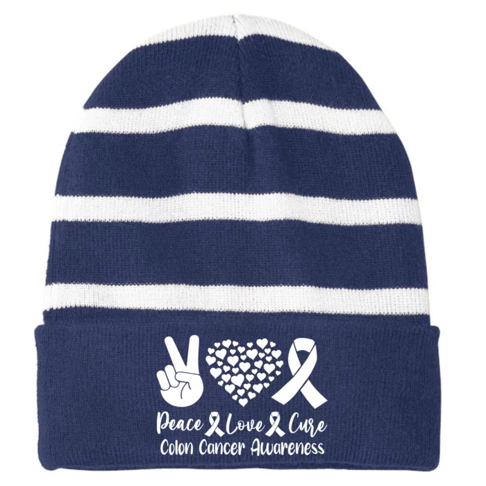 Peace Love Cure Colon Cancer Awareness Warriors & Supporters Striped Beanie with Solid Band