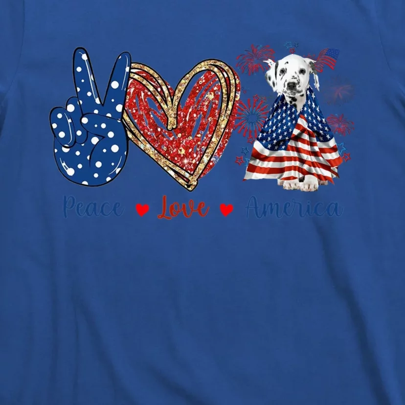 Peace Love Dalmatian Dog Patriotic America Flag 4th July Gift T-Shirt