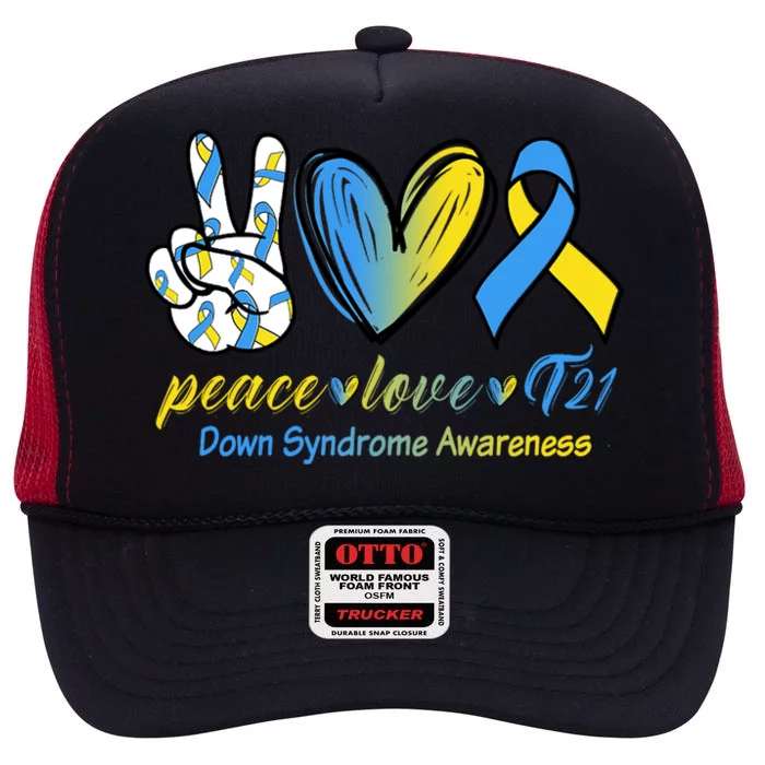 Peace Love Down Syndrome Ribbon High Crown Mesh Trucker Hat