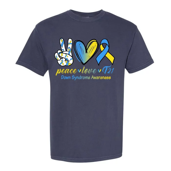 Peace Love Down Syndrome Ribbon Garment-Dyed Heavyweight T-Shirt