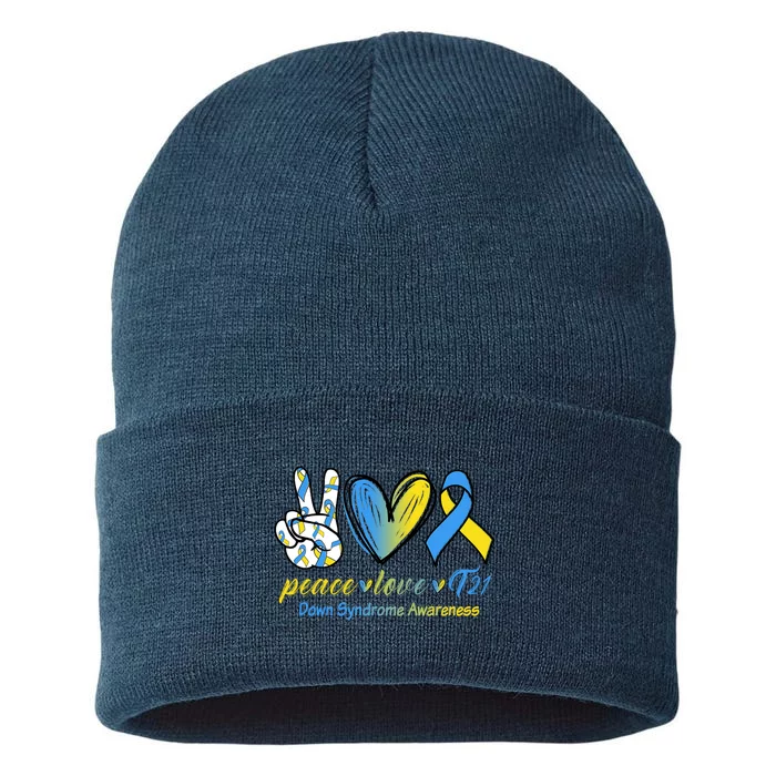 Peace Love Down Syndrome Ribbon Sustainable Knit Beanie