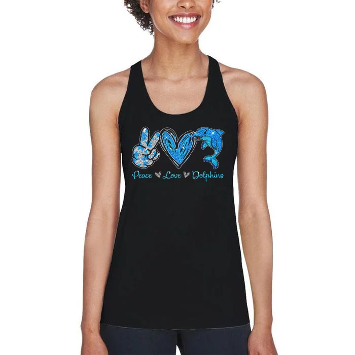 Peace Love Dolphins Funny Dolphin Lover Gifts Women's Racerback Tank