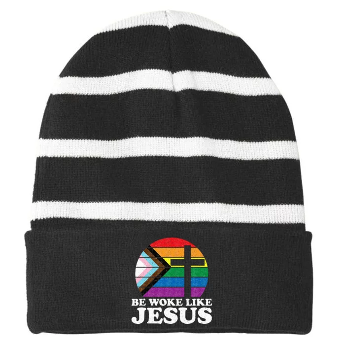 Pride Liberal Democrat Be Woke Like Jesus Christian Ally Striped Beanie with Solid Band