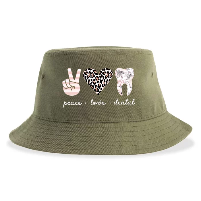 Peace Love Dental Leopard Heart Teeth Dentist Dental Hygiene Funny Gift Sustainable Bucket Hat