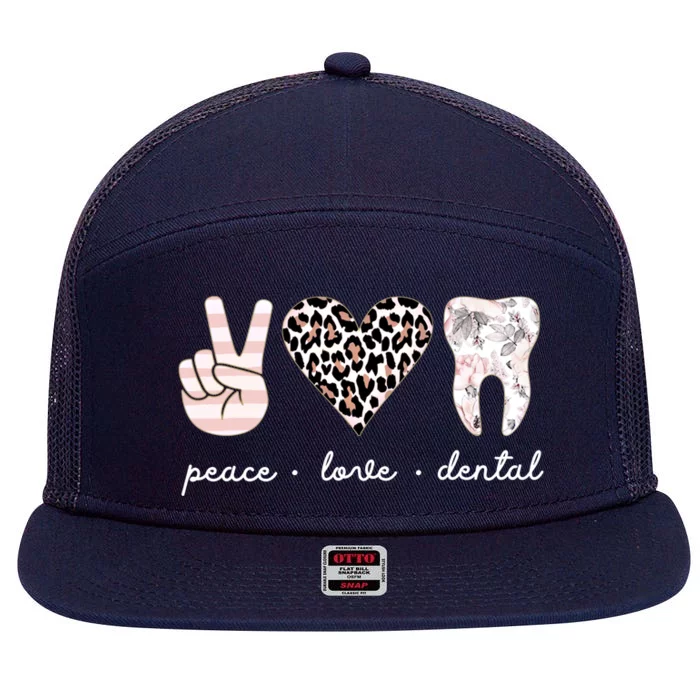 Peace Love Dental Leopard Heart Teeth Dentist Dental Hygiene Funny Gift 7 Panel Mesh Trucker Snapback Hat