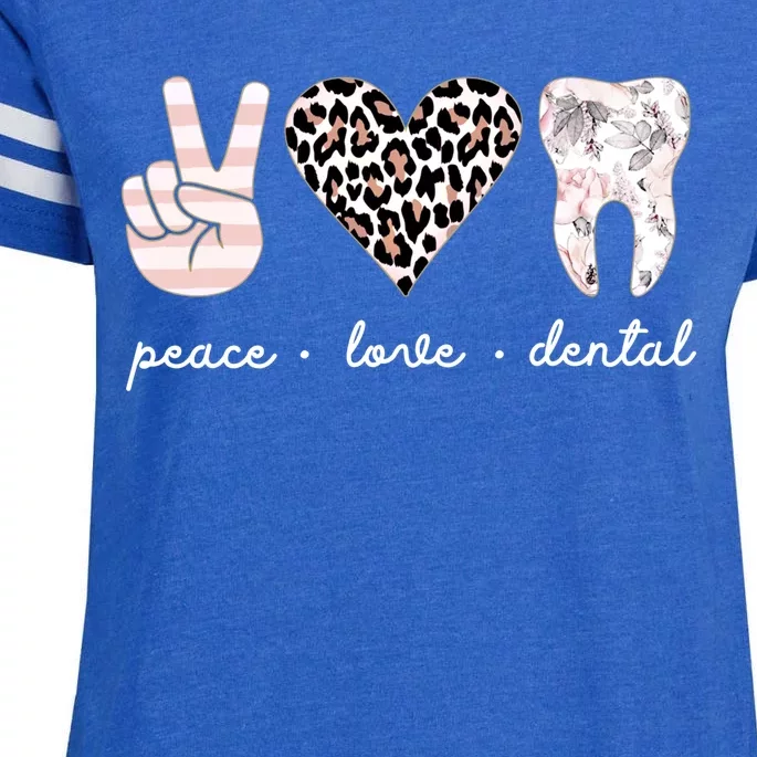 Peace Love Dental Leopard Heart Teeth Dentist Dental Hygiene Funny Gift Enza Ladies Jersey Football T-Shirt