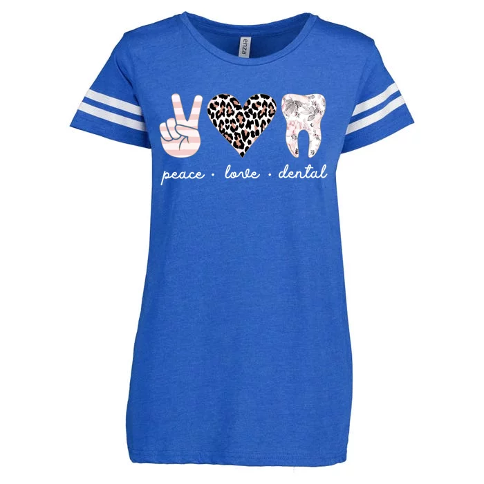 Peace Love Dental Leopard Heart Teeth Dentist Dental Hygiene Funny Gift Enza Ladies Jersey Football T-Shirt