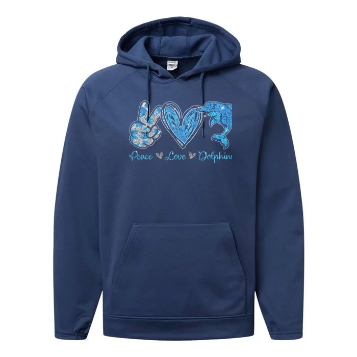 Peace Love Dolphins Funny Dolphin Lover Gifts Performance Fleece Hoodie