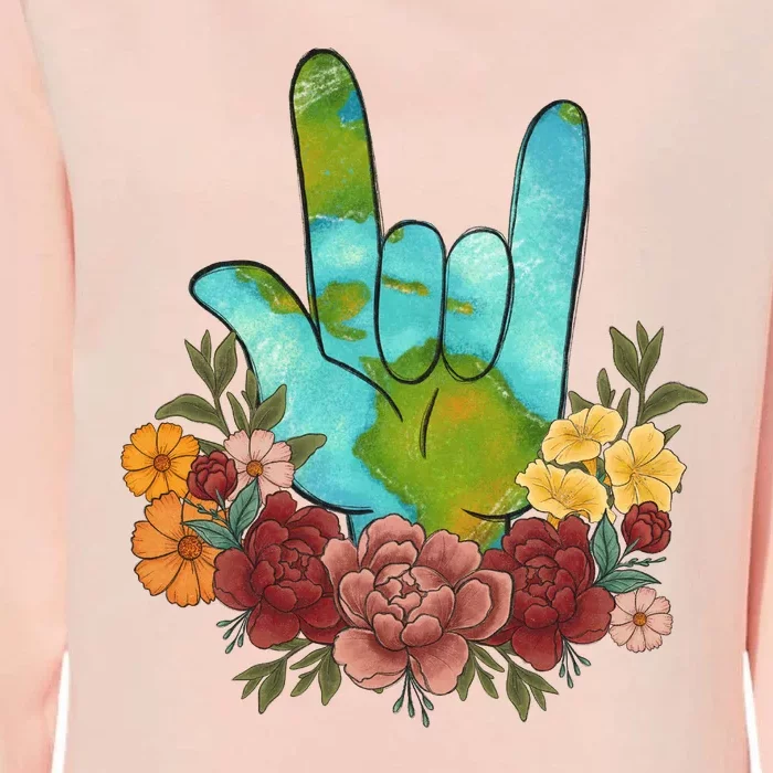 Peace Love Earth Floral Hand Sign Womens California Wash Sweatshirt