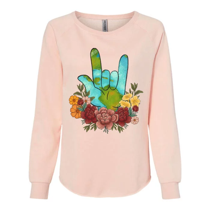 Peace Love Earth Floral Hand Sign Womens California Wash Sweatshirt