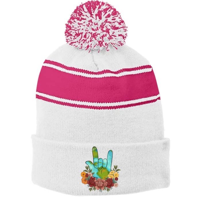 Peace Love Earth Floral Hand Sign Stripe Pom Pom Beanie