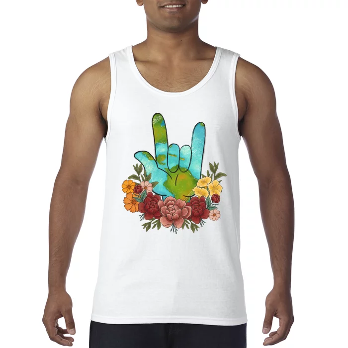 Peace Love Earth Floral Hand Sign Tank Top