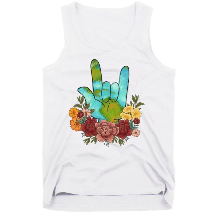 Peace Love Earth Floral Hand Sign Tank Top