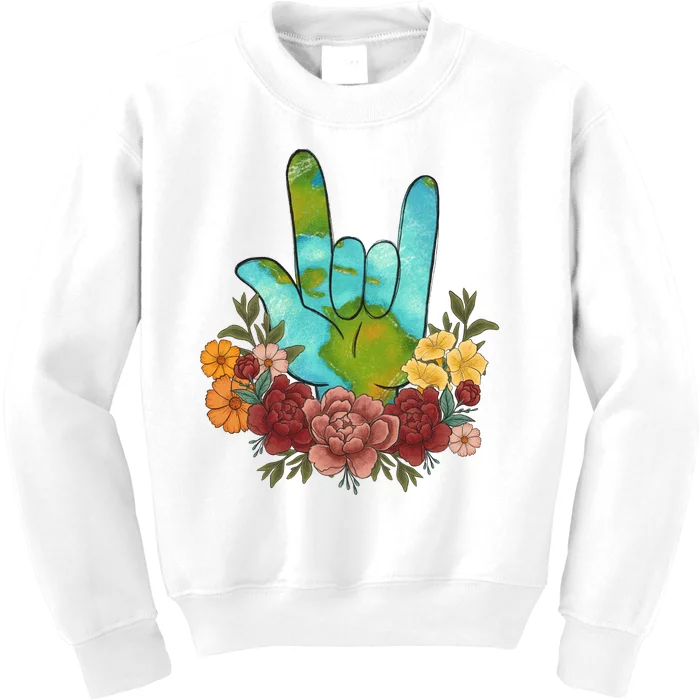 Peace Love Earth Floral Hand Sign Kids Sweatshirt