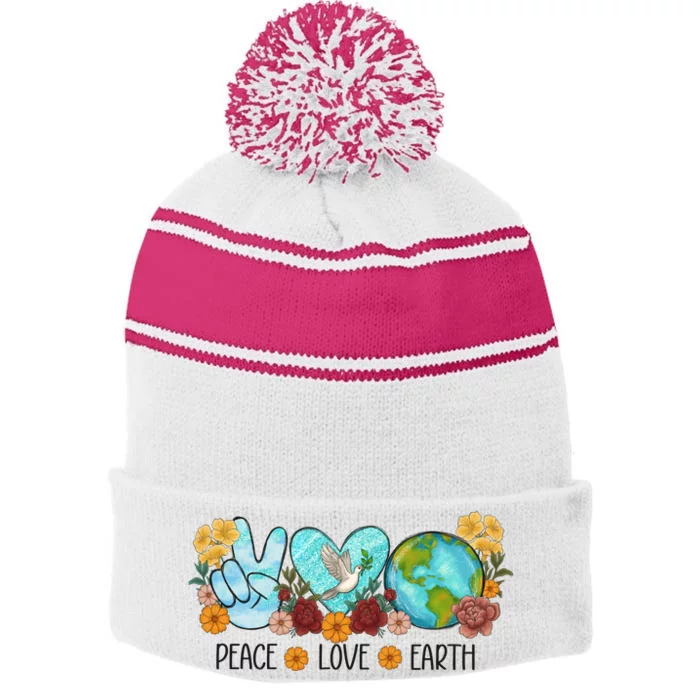 Peace Love Earth Planet Earth Day Stripe Pom Pom Beanie