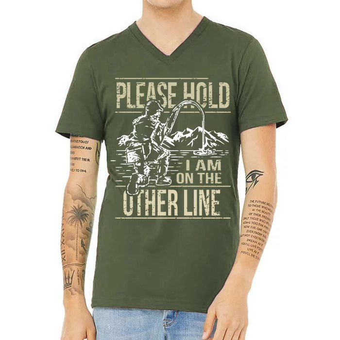 Please Hold I'm On The Other Line Vintage Funny Fishing V-Neck T-Shirt