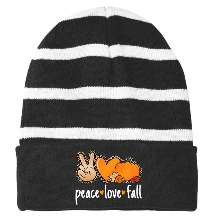 Peace Love Fall Pumpkin Autumn Thanksgiving Striped Beanie with Solid Band