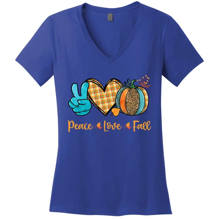 Peace Love Fall Pumpkin Autum Happy Fall Thanksgiving Gift Women's V-Neck T-Shirt