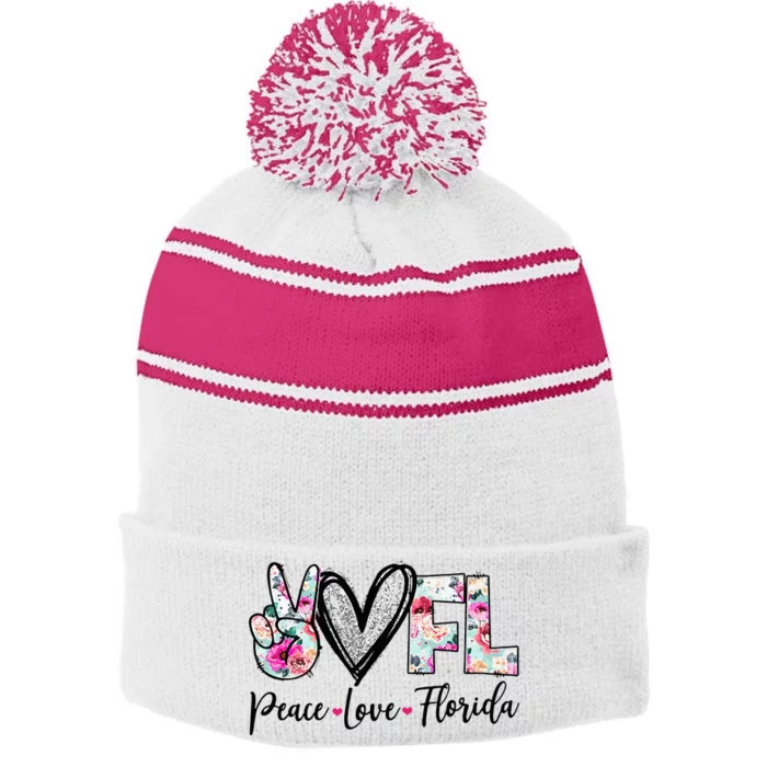 Peace Love Florida Vinatge Floral Florida Lovers Stripe Pom Pom Beanie