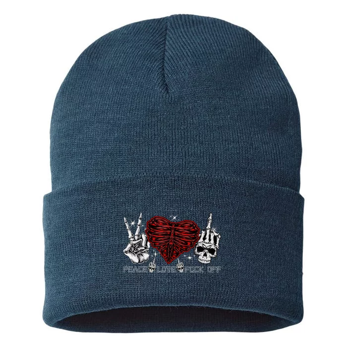 Peace Love FuckOff Skeleton Hand Half Heart Half Skull Sustainable Knit Beanie