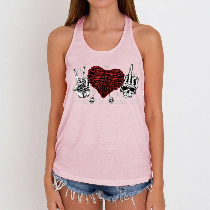 Peace Love FuckOff Skeleton Hand Half Heart Half Skull Women's Knotted Racerback Tank