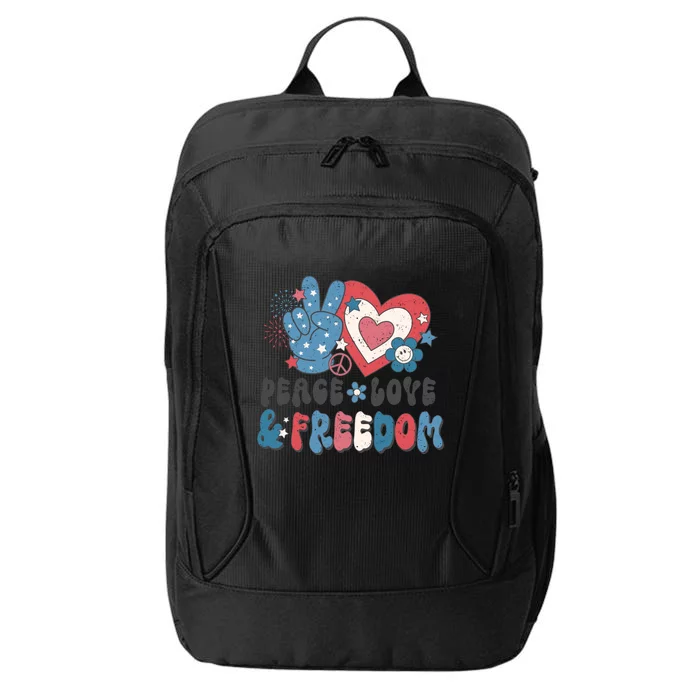 Peace Love & Freedom Retro USA Stars Hearts Flowers City Backpack