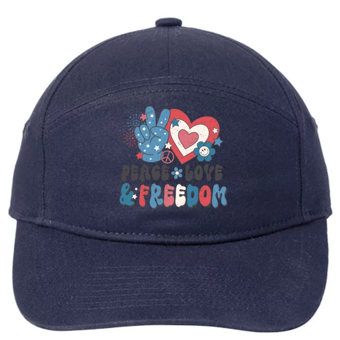 Peace Love & Freedom Retro USA Stars Hearts Flowers 7-Panel Snapback Hat