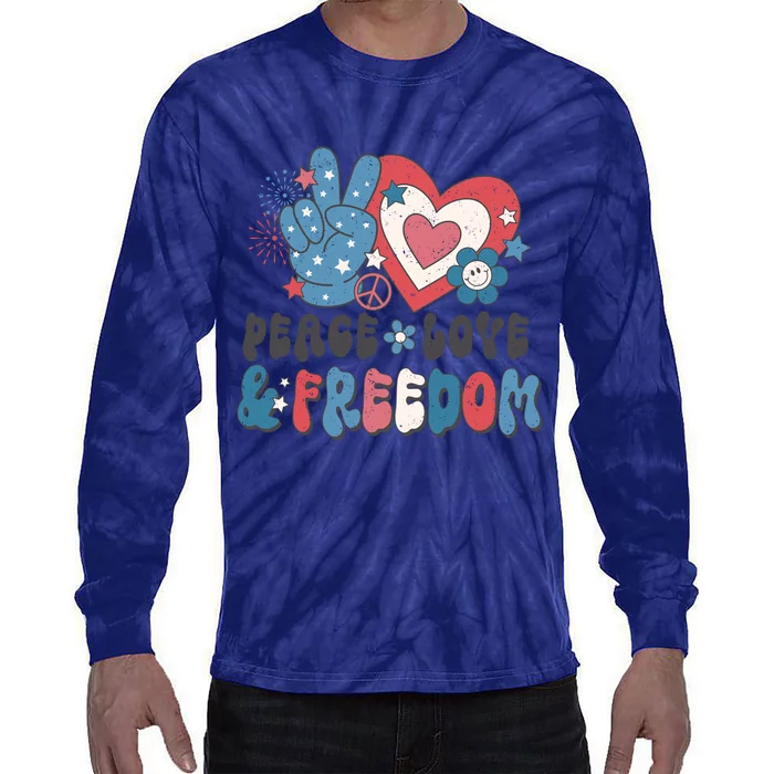 Peace Love & Freedom Retro USA Stars Hearts Flowers Tie-Dye Long Sleeve Shirt