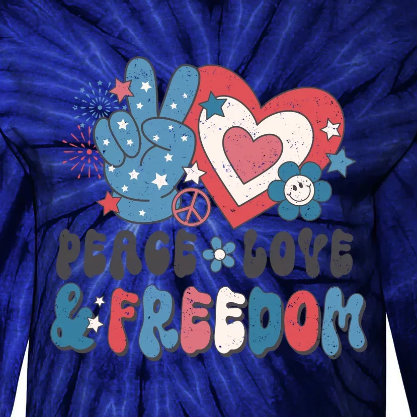 Peace Love & Freedom Retro USA Stars Hearts Flowers Tie-Dye Long Sleeve Shirt