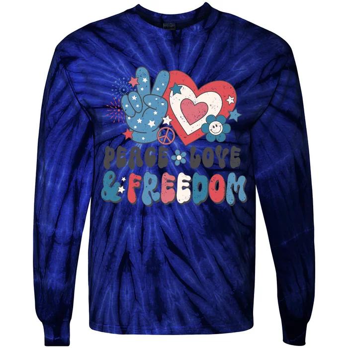 Peace Love & Freedom Retro USA Stars Hearts Flowers Tie-Dye Long Sleeve Shirt