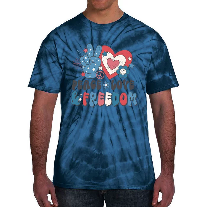 Peace Love & Freedom Retro USA Stars Hearts Flowers Tie-Dye T-Shirt