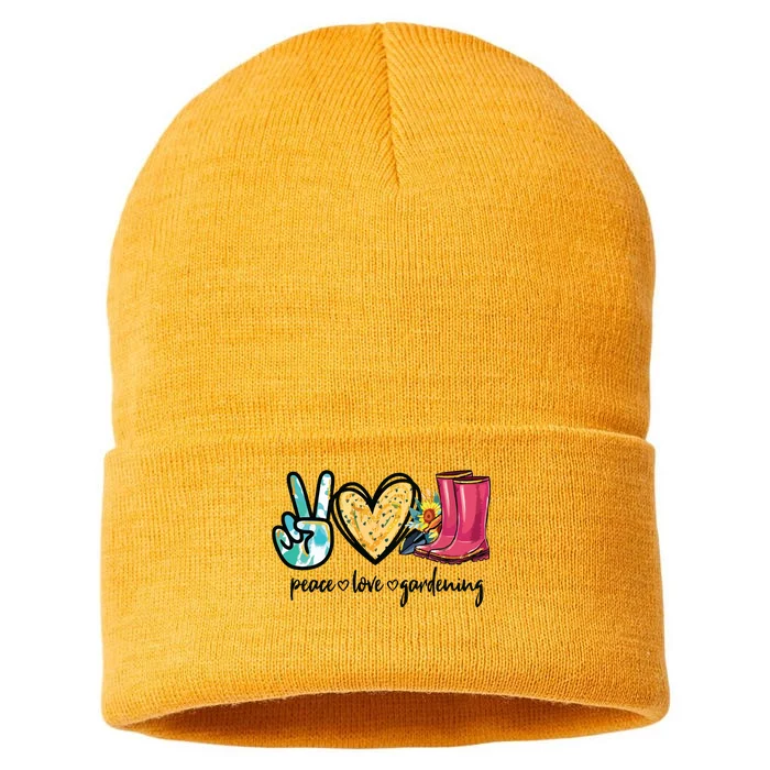 Peace Love Gardening Tools Flowers Garden Lover Fun Gardener Sustainable Knit Beanie