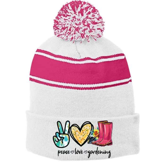 Peace Love Gardening Tools Flowers Garden Lover Fun Gardener Stripe Pom Pom Beanie