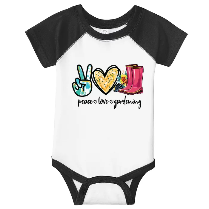 Peace Love Gardening Tools Flowers Garden Lover Fun Gardener Infant Baby Jersey Bodysuit