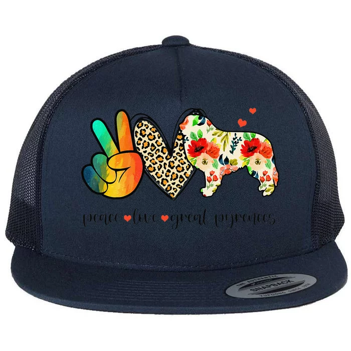 Peace Love Great Pyrenees Funny Tee For Dog Lover Flat Bill Trucker Hat