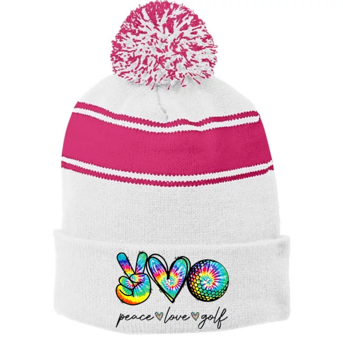 Peace Love Golf Tie Dye Cute Golf Lovers Stripe Pom Pom Beanie